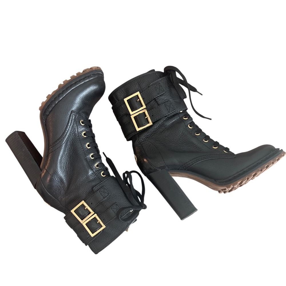 Tory Burch Combat Boots Black Leather Double Buckle Heeled Moto Size 9